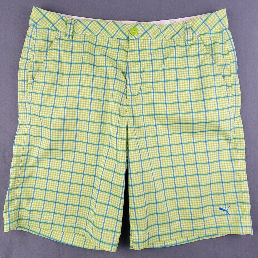 Puma Golf Short Men's Size 38 Green blue Plaid Flat Front Dry Cell